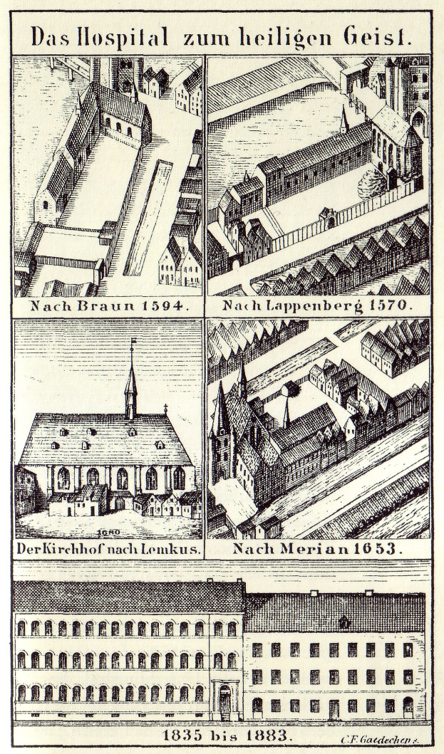 Detailierte Abbildung eines deutschen Krankenhausgebäudes auf einem Plakat, einschließlich Fenstern, Türen und Balkonen, begleitet von beschreibendem Text über seine Größe, Lage und Merkmale.