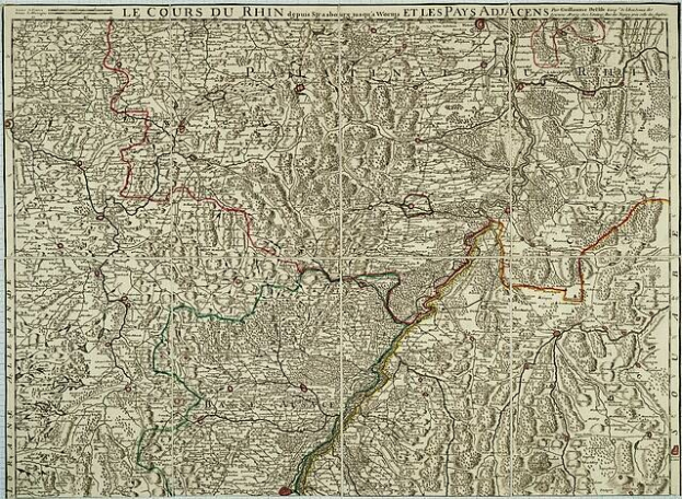Alte Karte der rheinland-pfälzischen Region Frankreichs mit dem Rhein-Fluss, auf Papier gedruckt mit Text oben und unten.