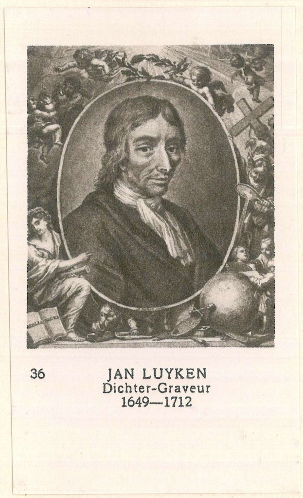 Ein Schwarz-Weiß-Porträt von Jan Luyken, einem deutschen Philosophen und Theologen, umgeben von einer Gruppe von Menschen, mit Text am unteren Bildrand.