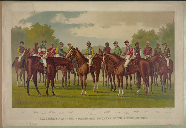 Gruppe von Menschen, die auf einem grünen Feld mit Bäumen und einem blauen Himmel reiten, mit Text unten: "Feiernder Siegerpferde und Jockeys des amerikanischen Turfs".