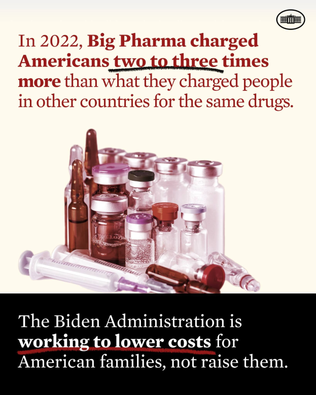 Plakat zeigt, dass Big Pharma 2022 Amerikaner für dieselben Medikamente zwei bis drei Mal so viel berechnet hat wie andere Länder, mit Bildern von Medikamentenflaschen und einer Spritze.