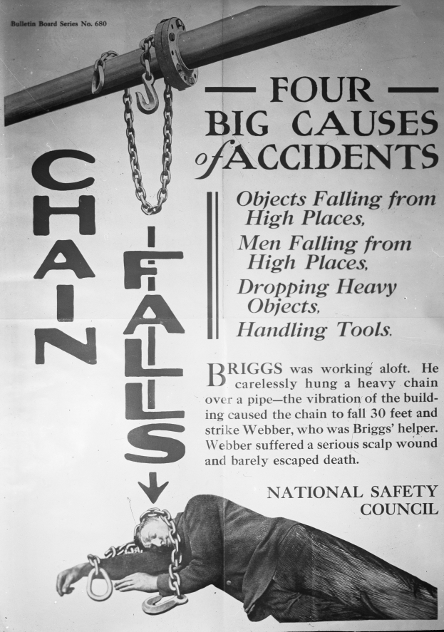 Ein schwarz-weißer Plakat mit einer Person auf einem Pfahl mit Ketten, mit dem Text "Vier große Unfallursachen".