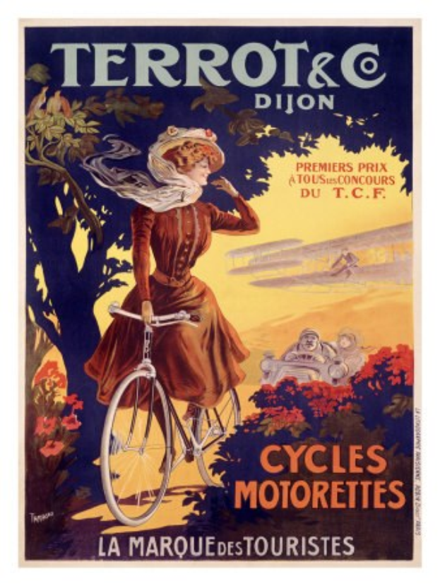 Ein Plakat, das eine Fahrradtour in Frankreich bewirbt, zeigt eine Frau, die zwischen Bäumen, Blumen und anderen Radfahrern auf einem Fahrrad fährt, mit Text, der die Tour beschreibt.