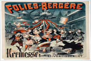 Ein Vintage-Plakat, das das Folies Bergère-Festival in Paris ankündigt, zeigt eine Gruppe von Menschen, die im Vordergrund tanzen, mit Gebäuden, Bäumen und Fahnen im Hintergrund und Text, der das Ereignis beschreibt.