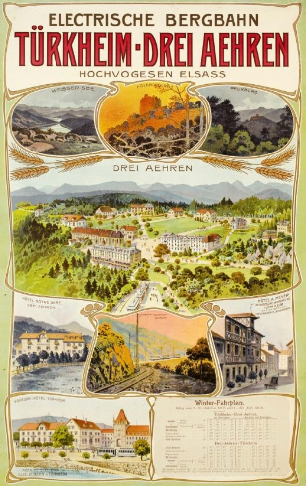 Plakat, das Bergbahn, Deutschland als elektrisches Stadtbild bewirbt, mit Bildern von Gebäuden, Bäumen, Hügeln und beschreibendem Text.