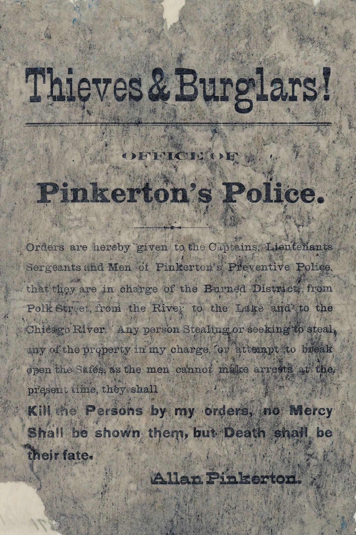 Ein Plakat mit fetter schwarzer Schrift, die 'Diebe & Einbrecher Pinkerton's Polizei' lautet, auf einem weißen Hintergrund, eingerahmt von einem schmalen schwarzen Rand.