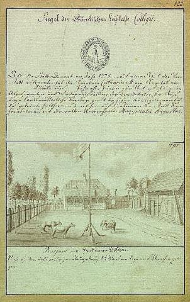 Schwarz-weißes Bild einer handgezeichneten Straßenszene auf altem Papier, das eine Fahnenstange, Gebäude, Bäume und Himmel zeigt, mit Text aus der ersten Fassung der deutschen Verfassung.