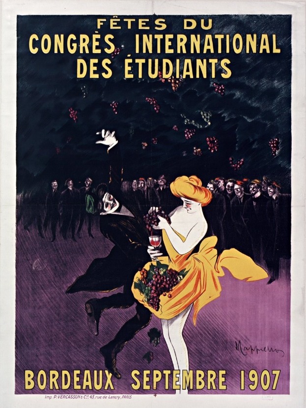 Plakat aus dem Jahr 1907, das ein Weinprobier-Event in Bordeaux, Frankreich, ankündigt, mit einer Frau in gelbem Kleid, die ein Weinglas hält, umgeben von einer Gruppe von Menschen.