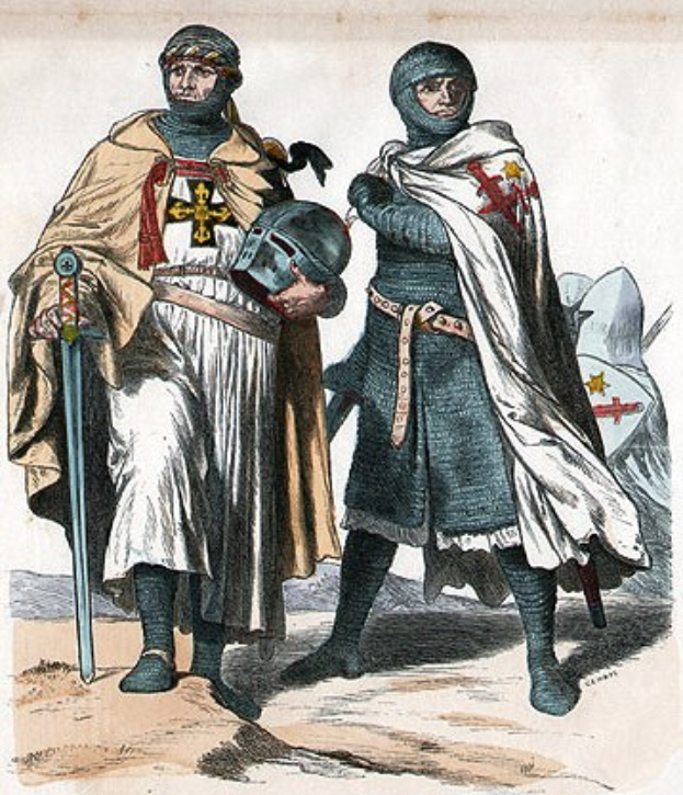 Zwei Männer in mittelalterlicher Kleidung stehen nebeneinander, einer hält ein Schwert und der andere einen Helm in der Hand, mit dem Text "Die Ritter des Mittelalters" unten.
