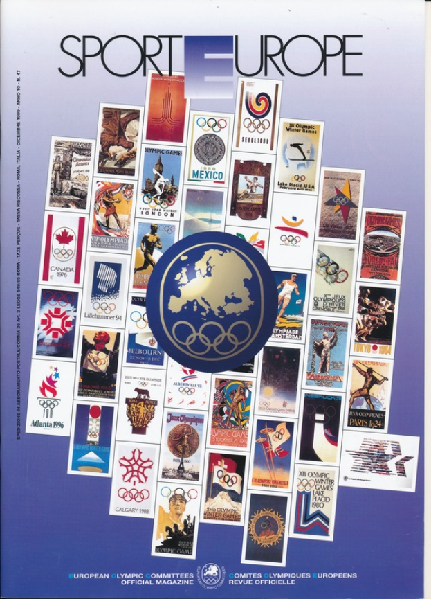 Ein Buchumschlag mit dem Titel 'Sporting Europe', der farbenfrohe Designs und detaillierte Symbole der Olympischen Spiele in Europa zeigt.