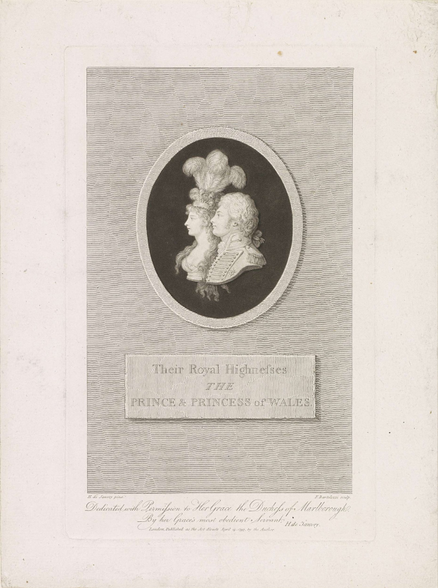 Schwarzes und wei├čes Bild eines Papiers mit einem Foto des Prinzen und der Prinzessin von Wales neben gedrucktem Text.
