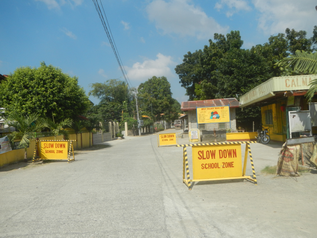Eine Straße mit einem gelben "Vorsicht Schulzone"-Schild, parkende Fahrzeuge auf der rechten Seite und ein Hintergrund mit Bäumen, Gebäuden, Polen, Drähten und dem Himmel.