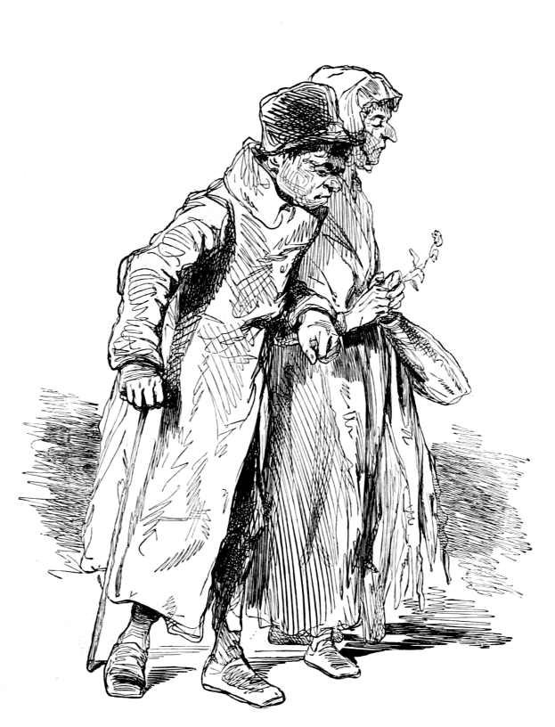 Schwarz-weiß-Foto eines alten Mannes mit Hut und einer Frau, die zusammen gehen, die Frau hält ein Objekt in der Hand.