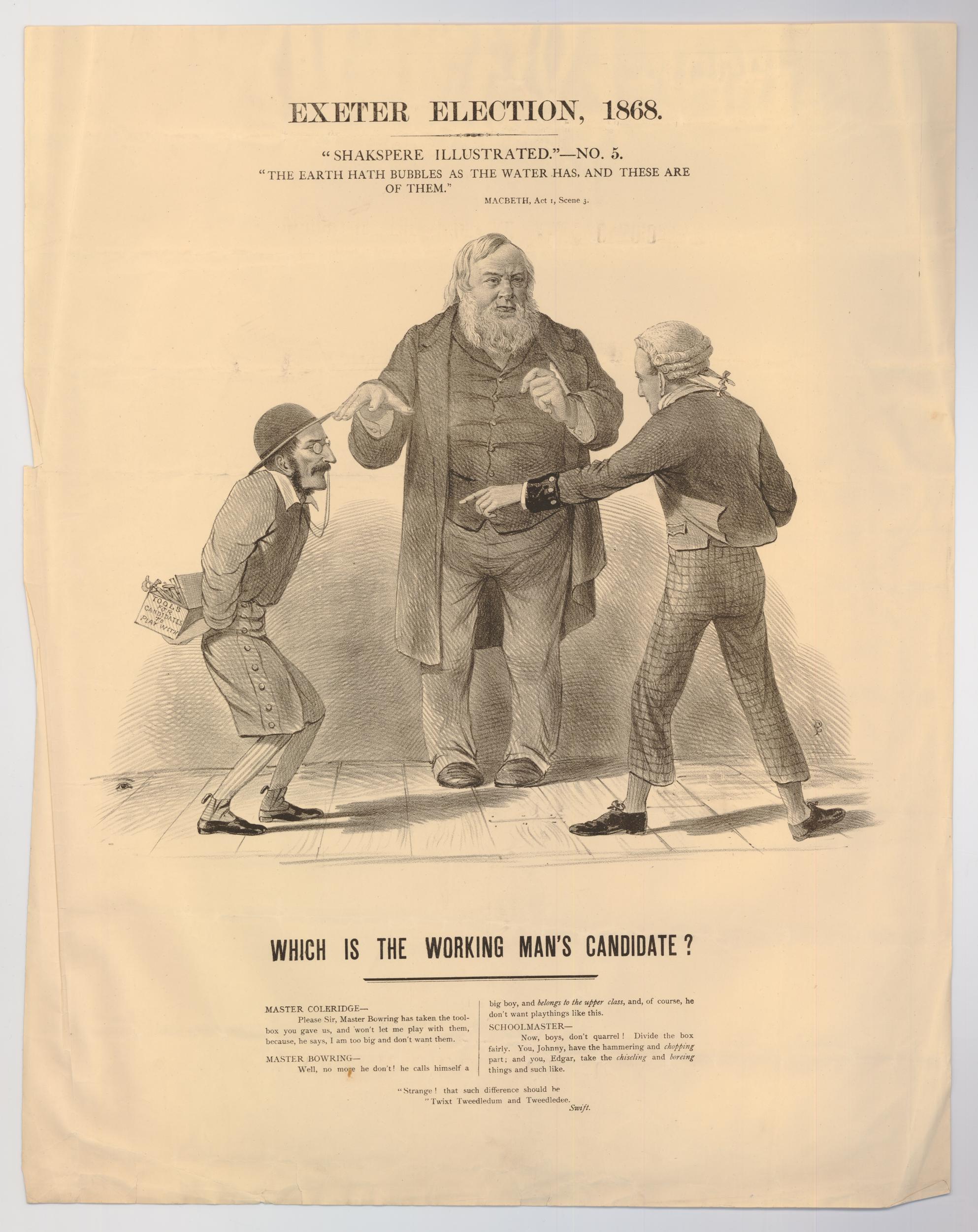 Ein Blatt mit einer Zeichnung von drei Personen, darunter ein Mann, und dem Text "Exeter Election, 1868: Which is the Working Man's Candidate?".