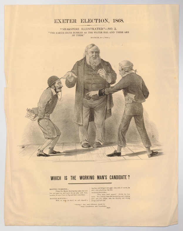 Ein Blatt mit einer Zeichnung von drei Personen, darunter ein Mann, und dem Text "Exeter Election, 1868: Which is the Working Man's Candidate?".