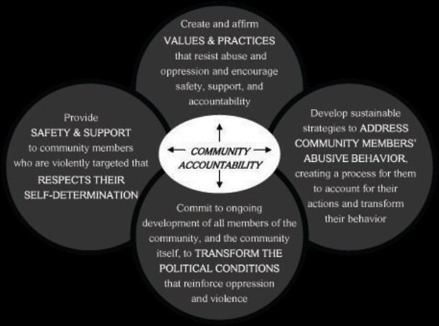 Ein Diagramm mit der Überschrift "Gemeinschaftliche Rechenschaftspflicht", das einen zentralen Kreis zeigt, der durch Pfeile mit drei überlappenden Kreisen verbunden ist, alle in fetter, leuchtender Farbe.