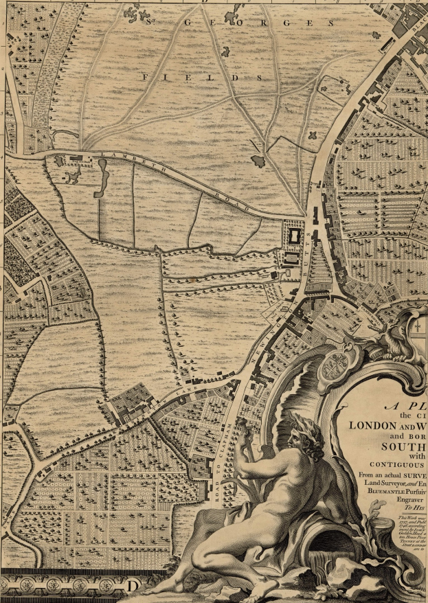 Ein detailliertes Plakat mit einer Karte von London und seinen umliegenden Gebieten mit einer zentralen Skulptur einer Person.