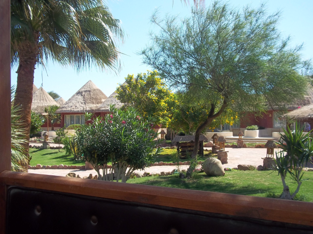 Eine Hütten-Szene mit Grün, Felsen, einer Bank und Himmel.
