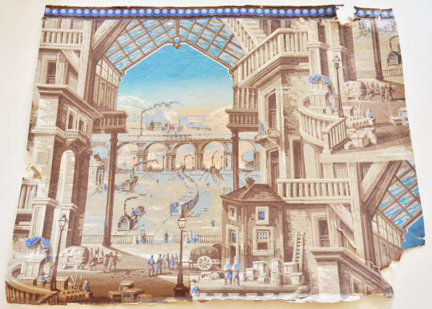 Mural mit einer belebten Stadtansicht mit Menschen, Geb├Ąuden, Stra├čen-Elementen, einer Brücke, H├Ąngen und Wolken.