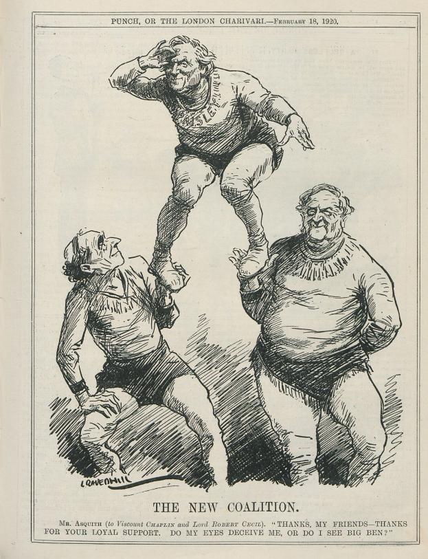 Ein politisches Karikatur aus dem Jahr 1920 mit dem Titel "Die neue Koalition" aus *Punch, oder die Londoner Charivari*, das drei besorgte Figuren zeigt, wobei eine Person in der Mitte die Arme schmerzhaft ausstreckt.