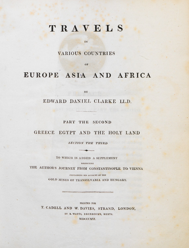 Altes Buch mit dem Titel "Reisen in verschiedenen Ländern Europas, Asiens und Afrikas" mit sichtbarem Text auf dem Cover.