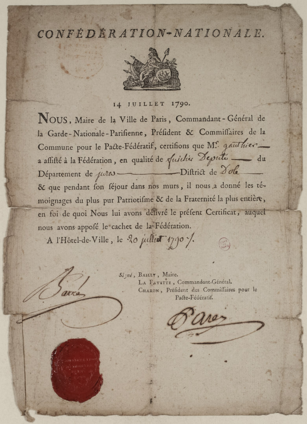 Altes Dokument mit einem roten Wachssiegel, das wie eine Bescheinigung mit Text und einem Stempel am unteren Rand aussieht.