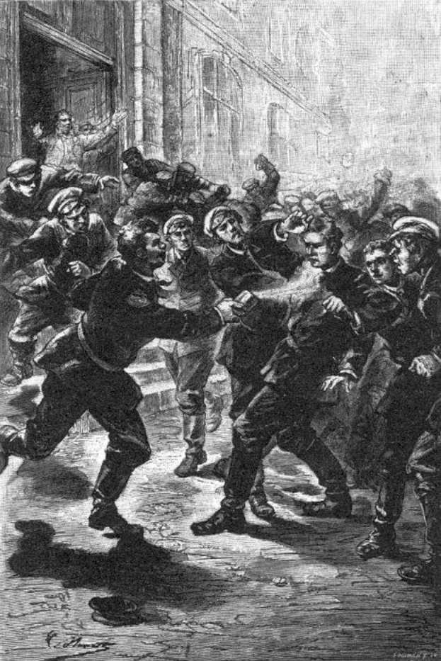 Schwarz-weiß-Illustration über einen gewalttätigen Straßenkampf unter einer Gruppe von Männern in viktorianischem London, mit einem Gebäude im Hintergrund und Text unten, der 'Victorian riots in London, England' lautet.