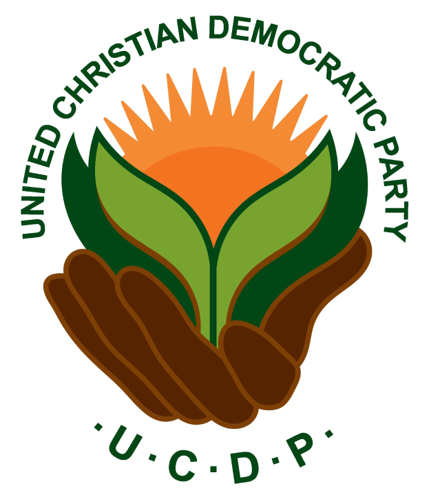 Logo der Vereinigten Christlich-Demokratischen Partei (UCDP): eine Hand, die eine leuchtend gelbe Blume mit einem grünen Stiel und Blättern hält, vor einem weißen Hintergrund mit einem blauen und gelben Kreis und dem Text "UCDP" in fetter schwarzer Schrift darunter.