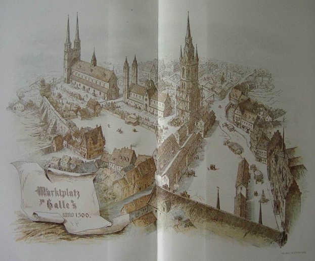 Ein detailliertes Bild von Marktplatz in Galle, Deutschland, auf einem offenen Buch mit sichtbarem Text auf der Seite.