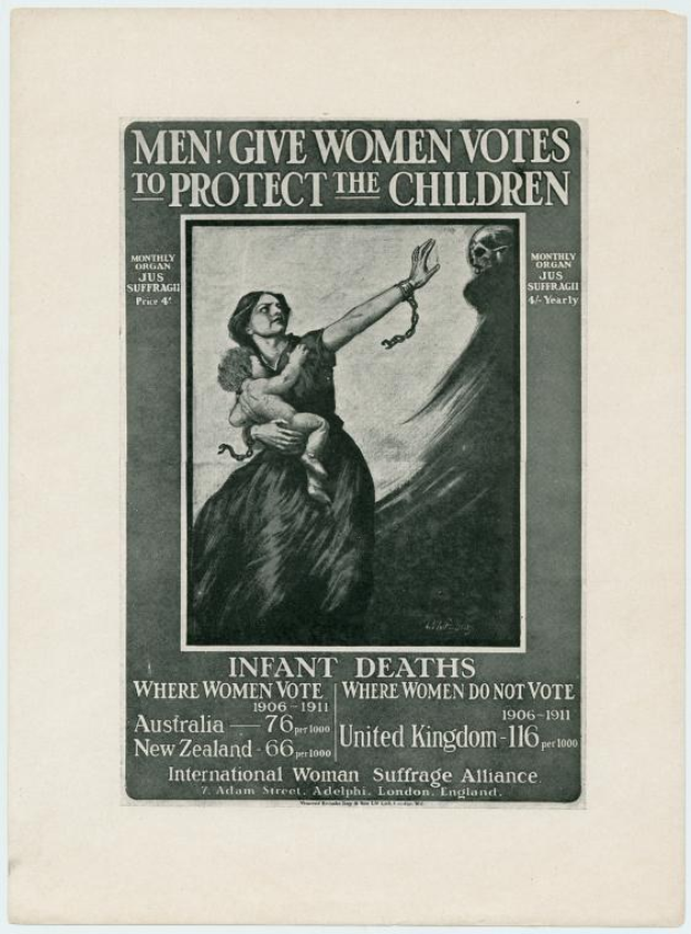Schwarze und weiße Illustration von drei Frauen vor einem Gebäude mit der Aufschrift "Frauenrechte: Ladies Take Your Own Choice, Polka und Mazurka" oben und unten.