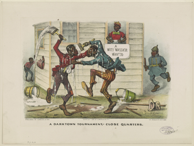 Plakat eines Dungeon-Turniers mit Menschen, die Gegenst├Ąnde halten, verstreute Eimer, Holzst├Ąbe und Text am Boden.