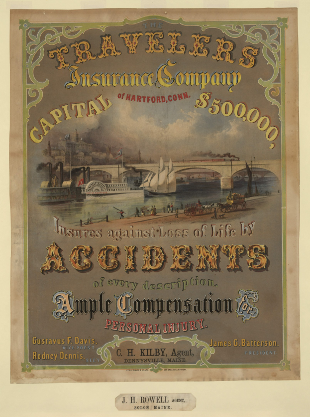Werbeplakat für die Traveler's Insurance Company of Hartford, Connecticut, mit Booten, einer Brücke und Gebäuden neben Text über Reiseversicherungsdienstleistungen.