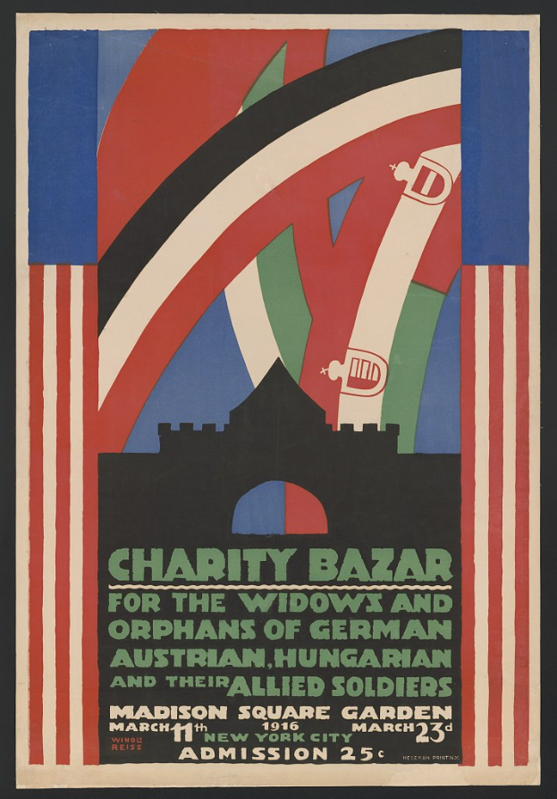 Ein Plakat für einen Wohltätigkeitsbasar, der die Witwen und Waisen deutscher, australischer, ungarischer und alliierter Soldaten unterstützt, mit Textinformationen zum Event.