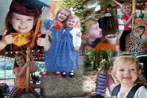 Ein Collage-Bild mit Vergnügungsparks, einem Tisch mit Lebensmitteln, darunter ein Becher und ein Löffel, verschiedenen Gegenständen, Lichtern, einer Wand, Büschen, Bäumen, Gras, einem Seil und einem Hut.