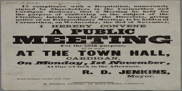 Eine Ankündigung für eine öffentliche Versammlung im Rathaus in Cardigan am Montag, den 1. November 1858, mit Text, der das Ereignis beschreibt.