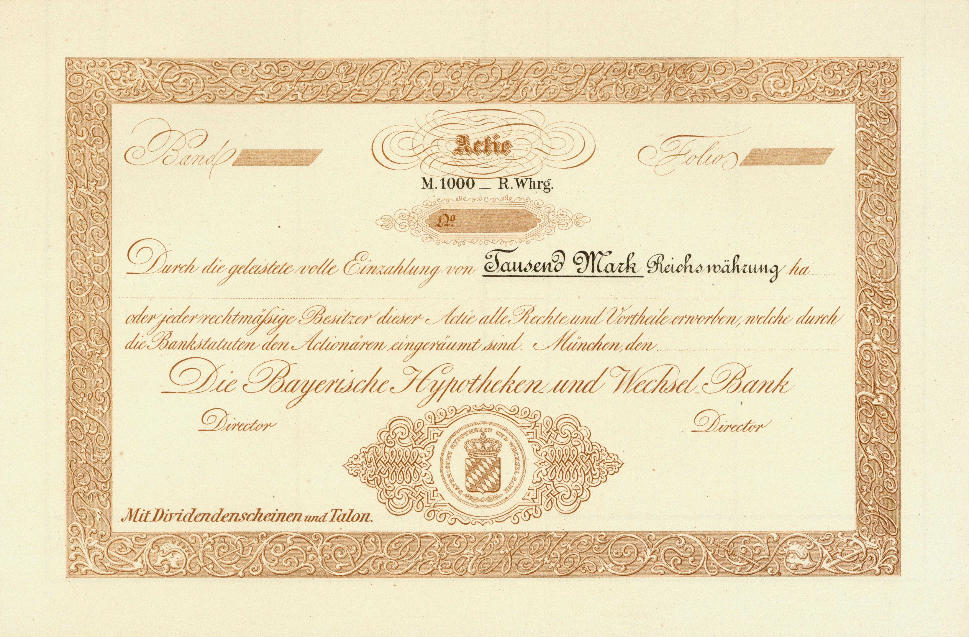 Alter Aktienchein mit goldener Einfassung, der ein Porträt eines Mannes und Text zeigt, der darauf hindeutet, dass es sich um eine Anleihe handelt.