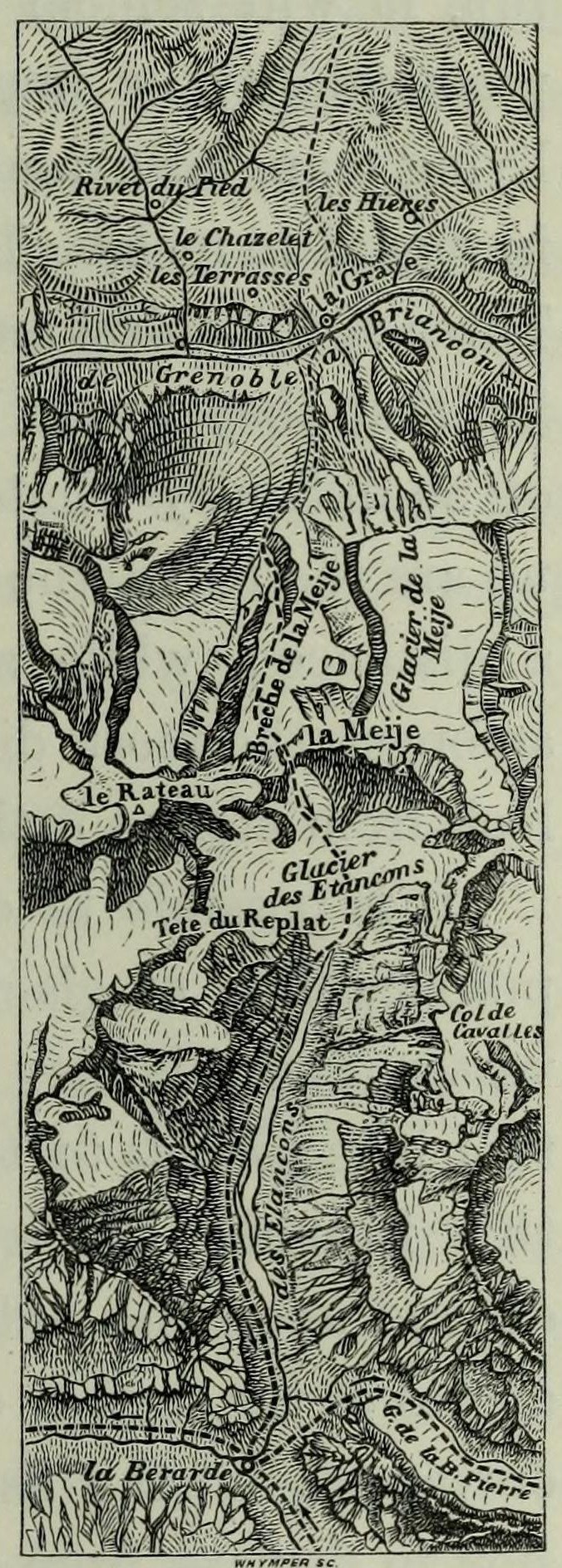 Schwarze und weiße topografische Karte des Rhine mit beschrifteten Höhenangaben, Geländekonturen und geografischen Namen.