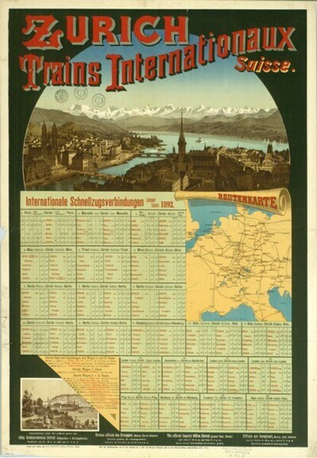 Plakatwerbung für die Zürcher S-Bahn Internationalaux mit einer Karte von Zürich, Gebäuden, Wasser, Bergen im Hintergrund und Text.