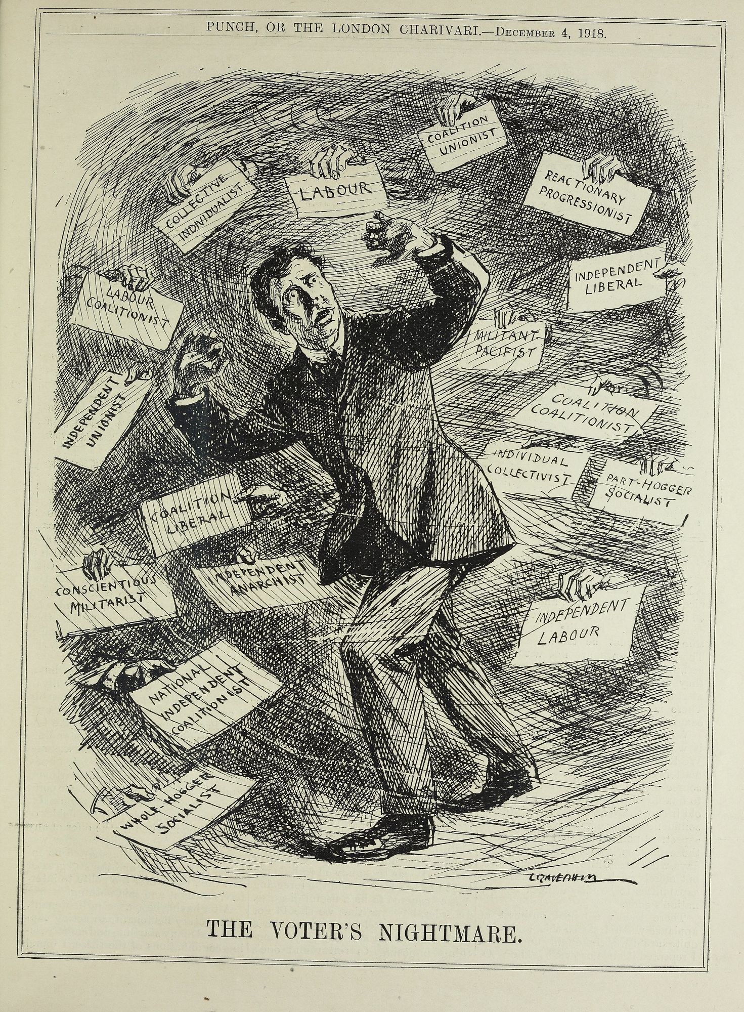 Ein Blatt mit einer Zeichnung eines Mannes im Anzug und Krawatte, der ein Schild mit der Aufschrift 'Der Albtraum des Wählers' hält und entschlossene Haltung zeigt.