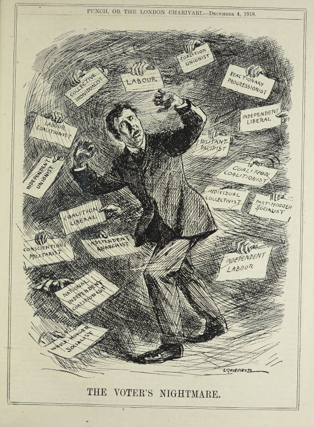 Ein Blatt mit einer Zeichnung eines Mannes im Anzug und Krawatte, der ein Schild mit der Aufschrift 'Der Albtraum des Wählers' hält und entschlossene Haltung zeigt.