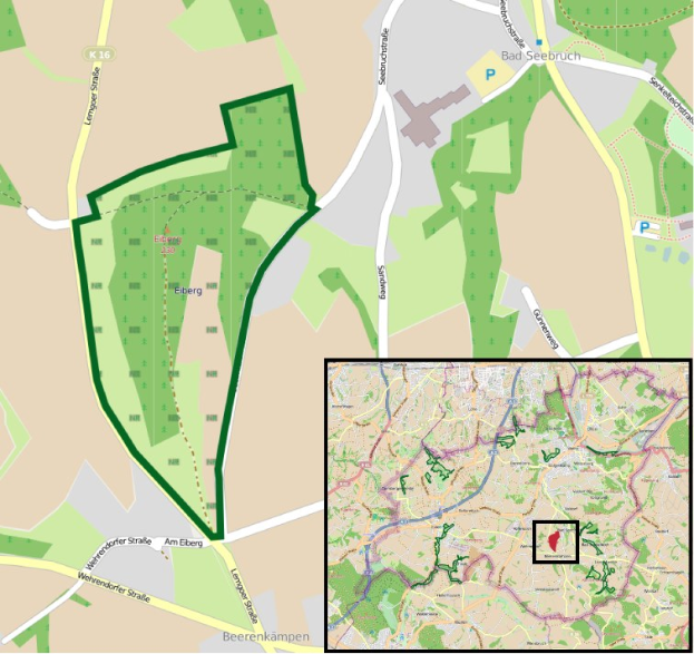Stadtplan, der einen zentralen grünen Bereich hervorhebt, der für die geplante Entwicklung markiert ist, mit umliegenden Straßen, Gebäuden und Sehenswürdigkeiten.