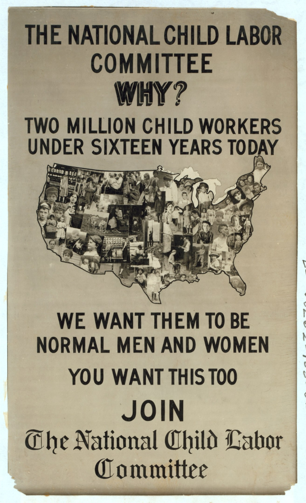 Plakat mit der Aufschrift "Das Nationale Komitee zur Bekämpfung der Kinderarbeit: Warum? Zweieinhalb Millionen Kinderarbeiter unter sechzehn Jahren heute" mit einer USA-Karte und mehreren illustrierten Gesichtern, die Komiteemitglieder darstellen.