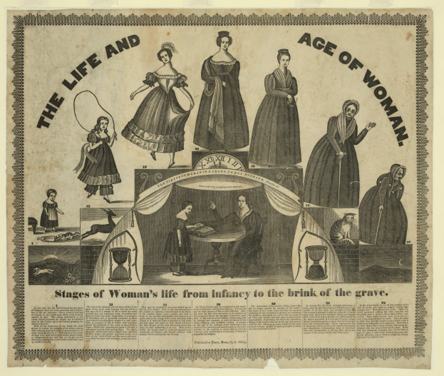 Eine bunte Papierreproduktion, die die Lebensphasen einer Frau von der Kindheit bis ins hohe Alter zeigt, mit gro├čen Texten und detaillierten Elementen.