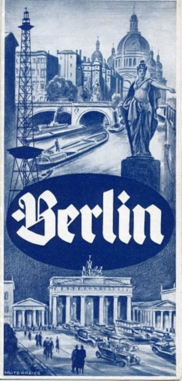 Plakat, das Berlin, Deutschland bewirbt, zeigt eine Statue, historische Gebäude, einen Turm, Menschen, Fahrzeuge auf einer Straße und eine Brücke, mit Text, der Stadtinformationen bereitstellt.