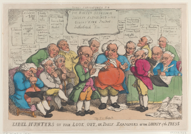 Eine Gruppe von Menschen, die um einen Tisch sitzen, einer hält ein Papier in der Hand, mit verstreuten Papieren und Gegenständen auf dem Tisch und Text unten mit "Libel Hunters on the Look Out, or Daily Examiners of the Liberty of the Press".