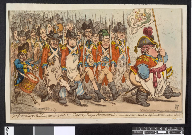 Eine Gruppe von Männern in Militäruniformen marschiert auf der Straße, einer hält einen Stock in der Hand, mit Text unten: "Zusätzliche Miliz, zum 20-tägigen Vergnügen antreten".