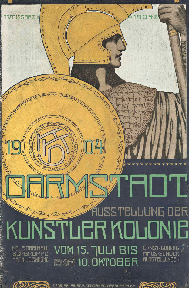 Plakat aus dem Jahr 1904 für ein Konzert in Berlin, Deutschland, mit einer Person in einem Helm, die ein Schild hält, und 'Darmstadt' und 'Künstlerkolonie' in fetter Schrift.