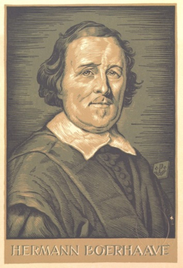 Portrait von Hermann Boerhaave, einem deutschen Philosophen, mit Text unten im Bild.