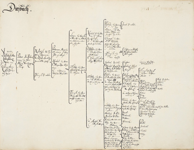 Offenes Buch mit handschriftlicher genealogischer Familiengeschichte.