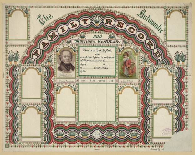 Familienaufzeichnung und Heiratsurkunde mit einem Foto eines lachenden Mannes und einer Frau mit einem bunten Rand und Text.